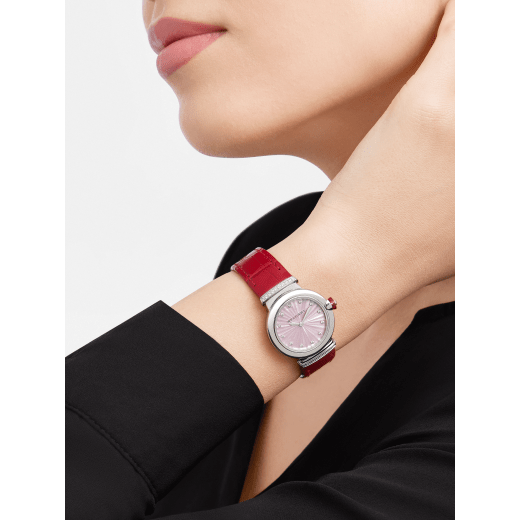 Bvlgari Lvcea Intarsio Diamonds Mother of Pearl Pink Dial Red Leather Strap Watch for Women - LVCEA103619 Buy Now By Bvlgari