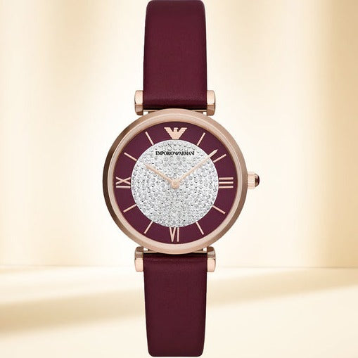 Emporio Armani Gianni T Bar Crystals Maroon Dial Maroon Leather Strap Watch for Women - AR11487 Buy Now By Emporio Armani