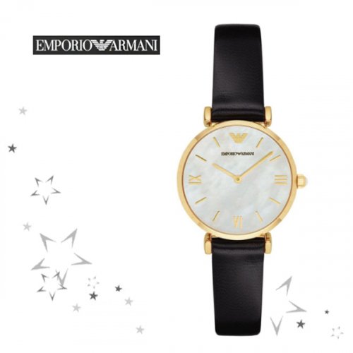 Emporio Armani Gianni T-Bar Quartz Mother of Pearl Dial Black Leather Strap Watch For Women - AR1910 Buy Now By Emporio Armani