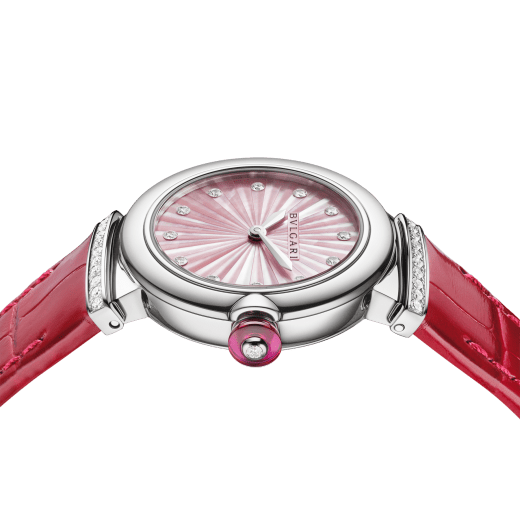 Bvlgari Lvcea Intarsio Diamonds Mother of Pearl Pink Dial Red Leather Strap Watch for Women - LVCEA103619 Buy Now By Bvlgari