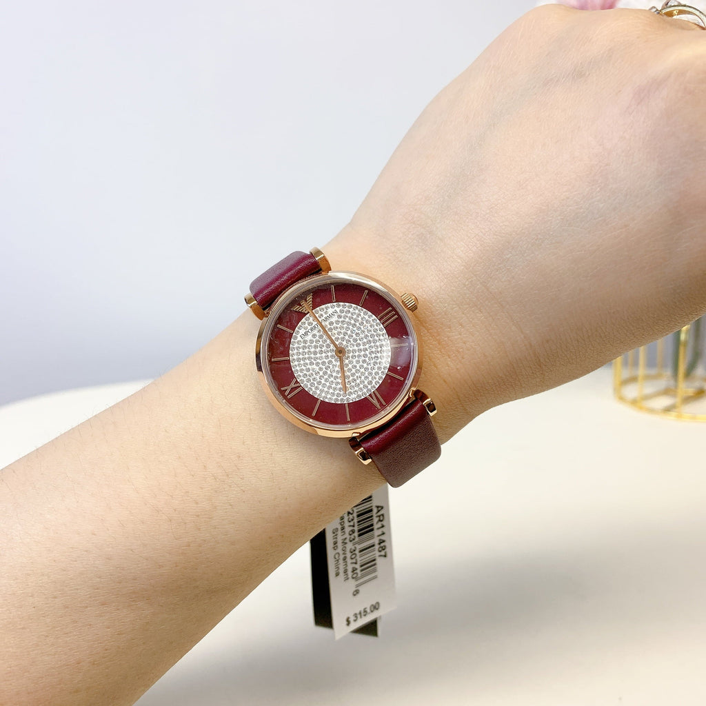 Emporio Armani Gianni T Bar Crystals Maroon Dial Maroon Leather Strap Watch for Women - AR11487 Buy Now By Emporio Armani