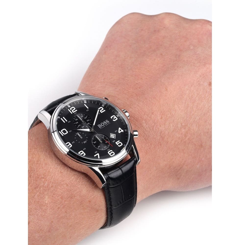 Hugo Boss Aeroliner Chronograph Quartz Black Dial Black Leather Strap Watch For Men - HB1512448 Buy Now By Hugo Boss