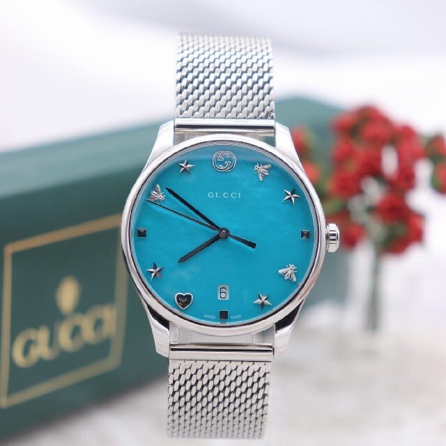 Gucci G-Timeless Turquiose Mother of Pearl Dial Silver Mesh Bracelet Watch For Women - YA1264039 Buy Now By Gucci