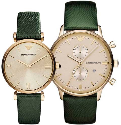 Emporio Armani Retro Champagne Beige Dial Green Leather Strap Watch For Women - AR1726 Buy Now By Emporio Armani