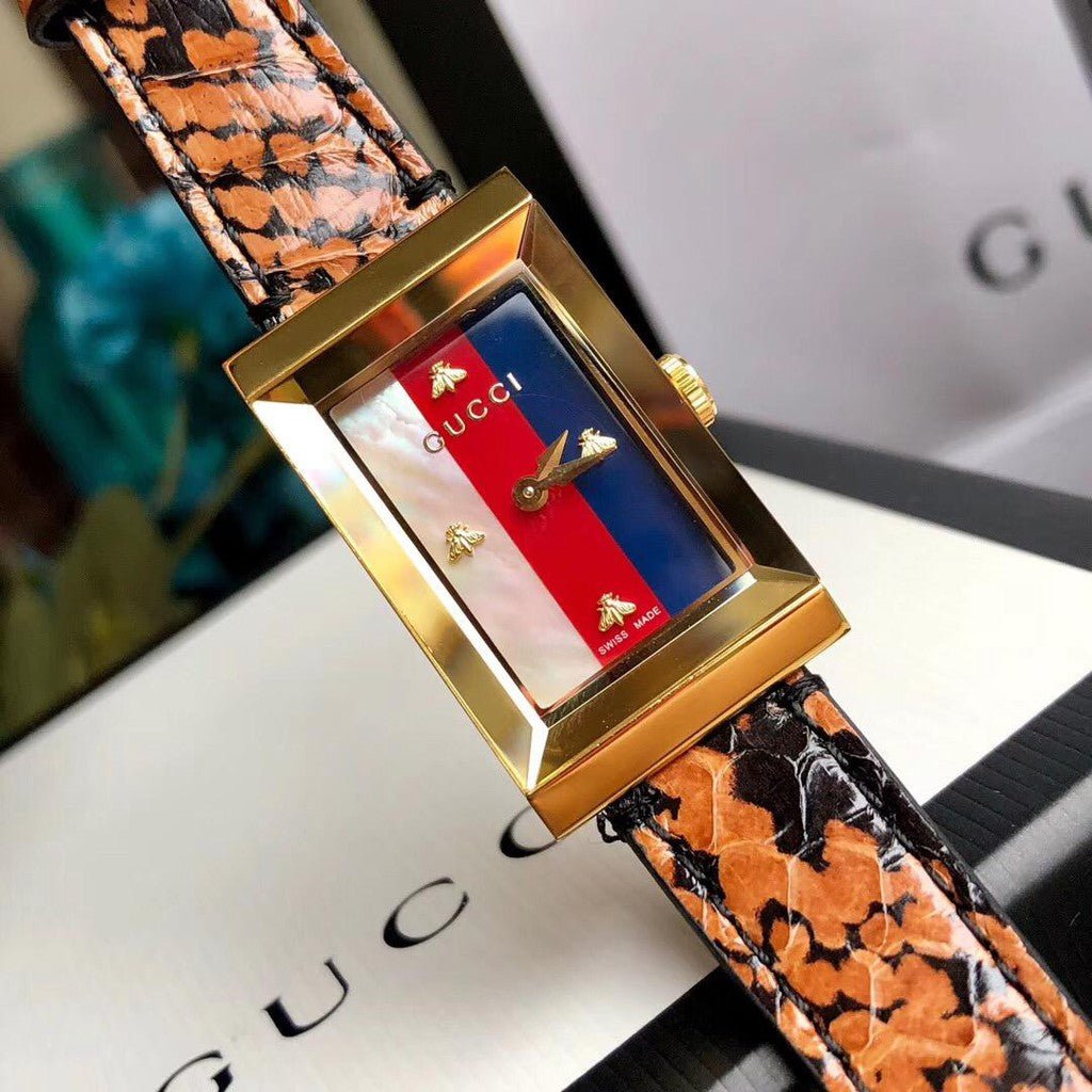 Gucci G-Frame Mother of Pearl Dial Brown Leather Snakeskin Strap Watch For Women - YA147402 Buy Now By Gucci