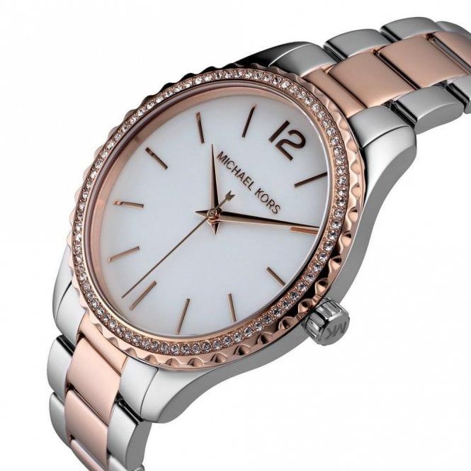 Michael Kors Layton Three Hand Mother of Pearl White Dial Two Tone Steel Strap Watch For Women - MK6849 Buy Now By Michael Kors