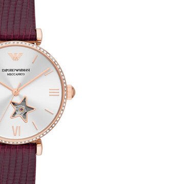 Emporio Armani Meccanico Automatic Silver Dial Burgundy Leather Strap Watch For Women - AR60044 Buy Now By Emporio Armani