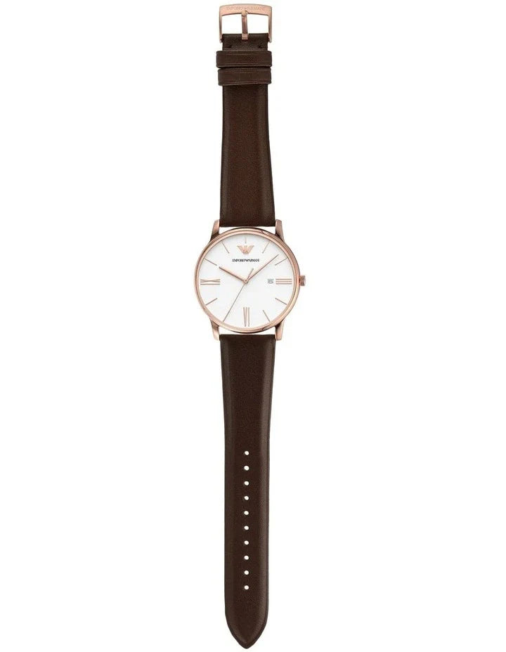 Emporio Armani Minimalist Quartz White Dial Brown Leather Strap Watch For Men - AR11572 Buy Now By Emporio Armani