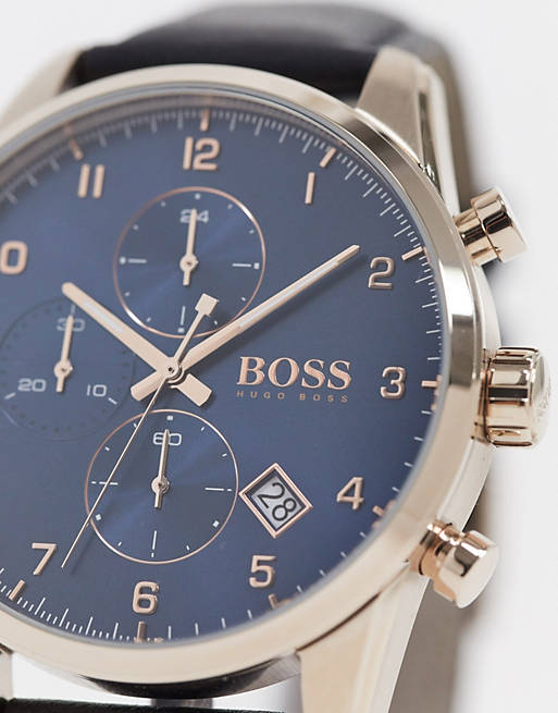 Hugo Boss Skymaster Chronograph Blue Dial Black Leather Strap Watch for Men - 1513783 Buy Now By Hugo Boss