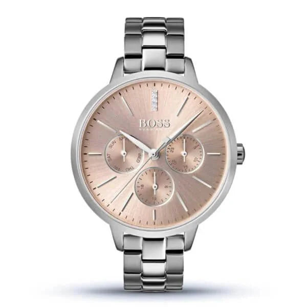 Hugo Boss Symphony Red Gold Dial Silver Steel Strap Watch for Women- 1502421 Buy Now By Hugo Boss