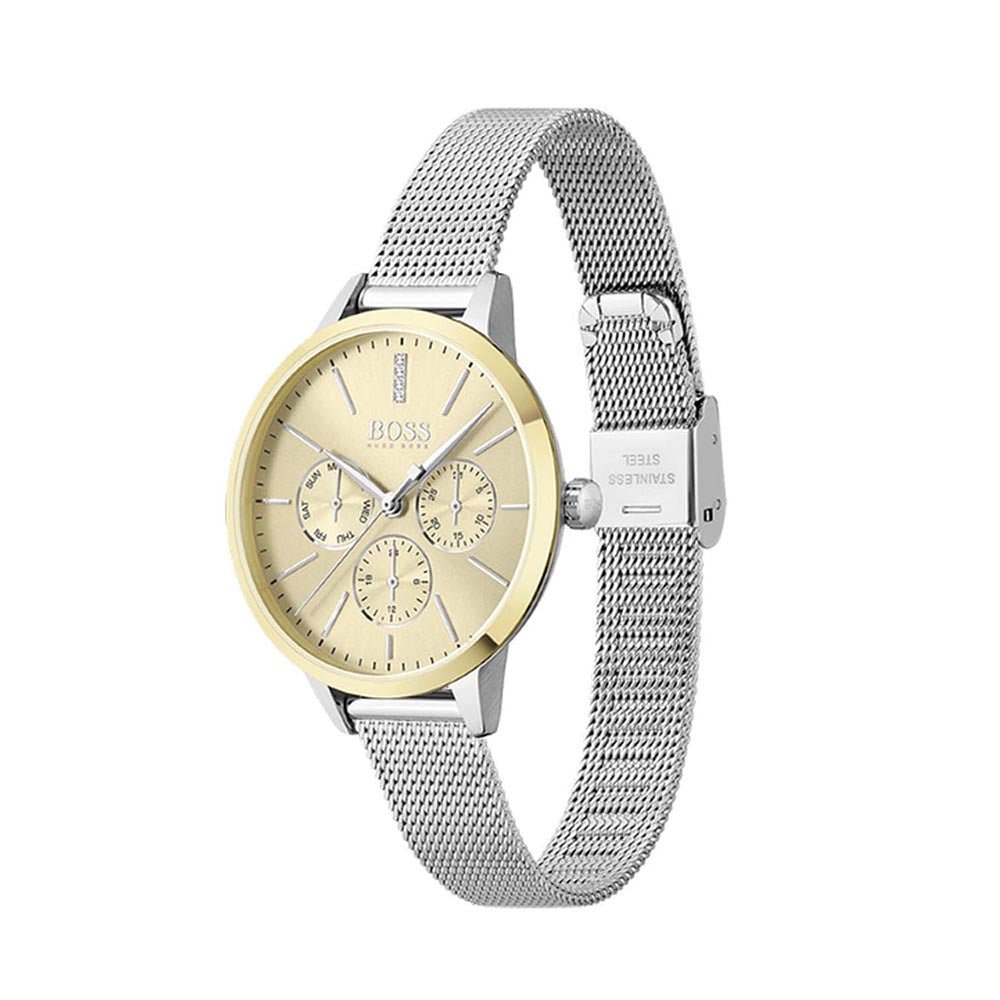 Hugo Boss Symphony Gold Dial Silver Mesh Bracelet Watch for Women - 1502600 Buy Now By Hugo Boss