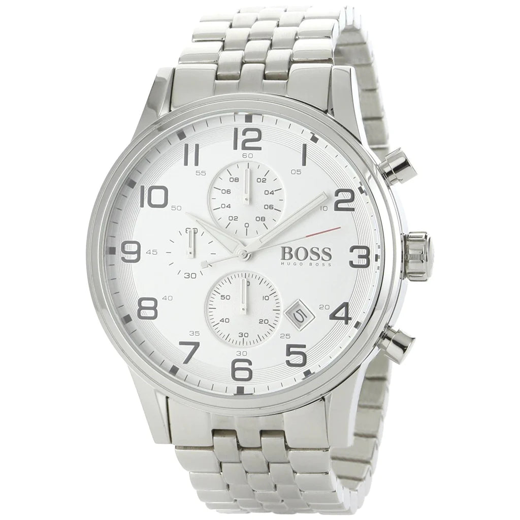 Hugo Boss Aeroliner Chronograph Quartz White Dial Silver Steel Strap Watch For Men - HB1512445 Buy Now By Hugo Boss