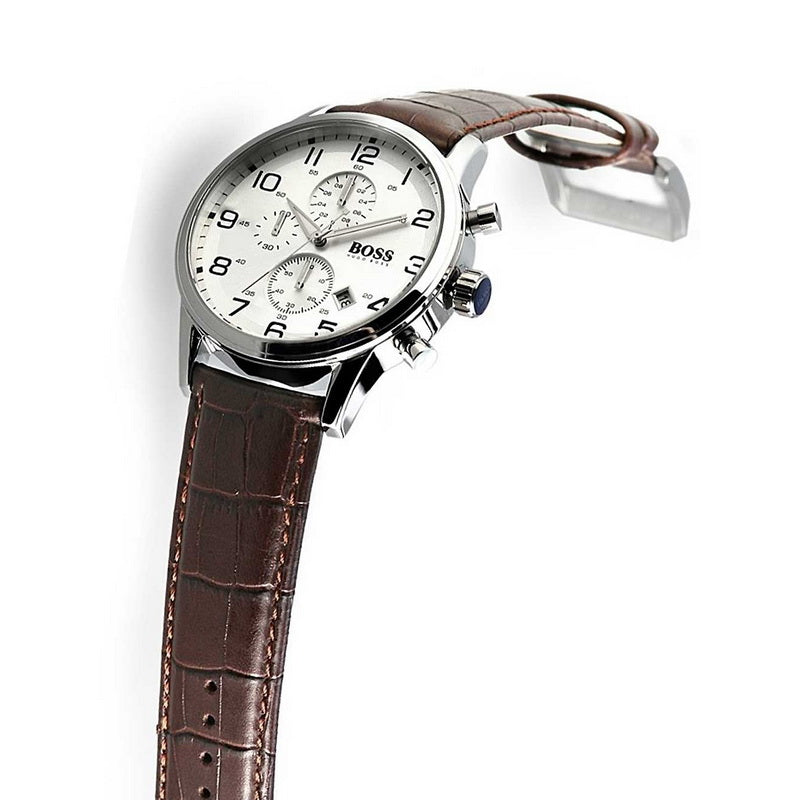 Hugo Boss Aeroliner Chronoraph White Dial Brown Leather Strap Watch For Men - HB1512447 Buy Now By Hugo Boss