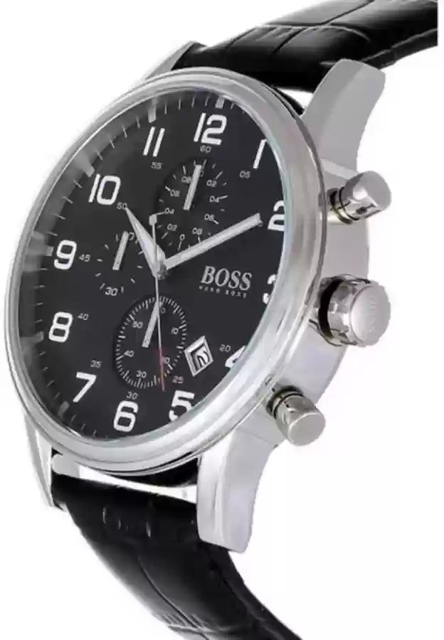 Hugo Boss Aeroliner Chronograph Quartz Black Dial Black Leather Strap Watch For Men - HB1512448 Buy Now By Hugo Boss