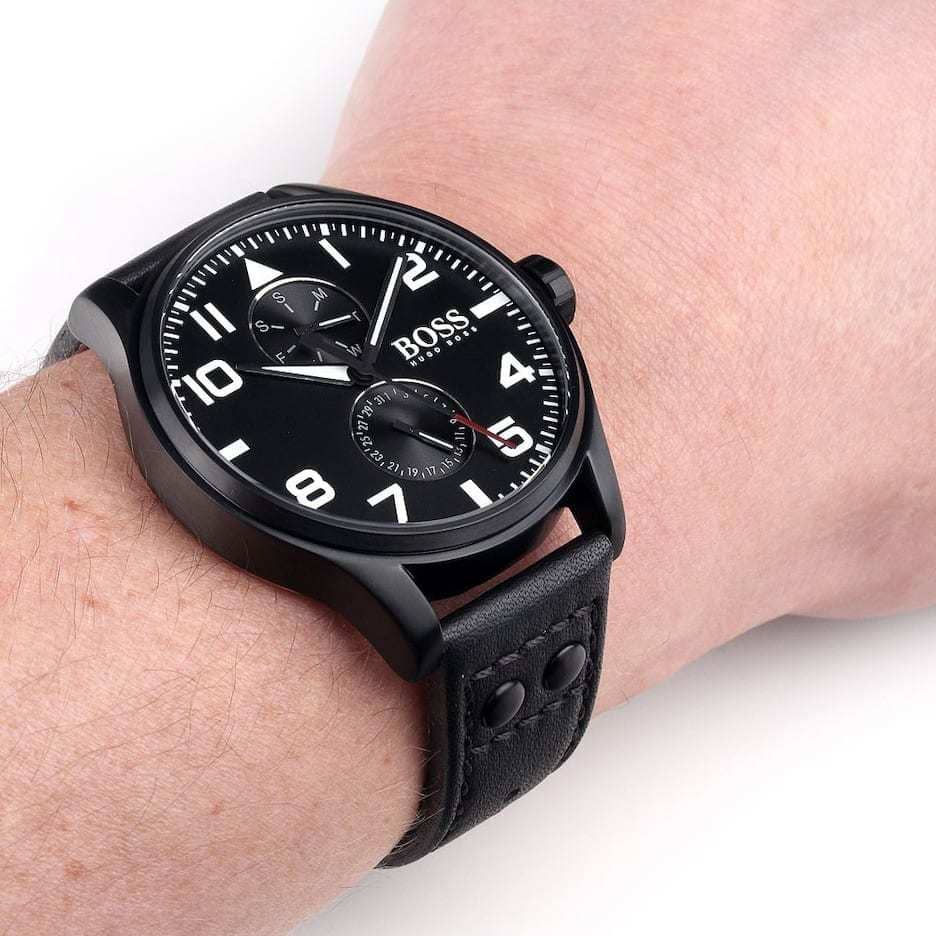 Hugo Boss Aeroliner Chronograph Black Dial Black Leather Strap Watch For Men - 1513086 Buy Now By Hugo Boss