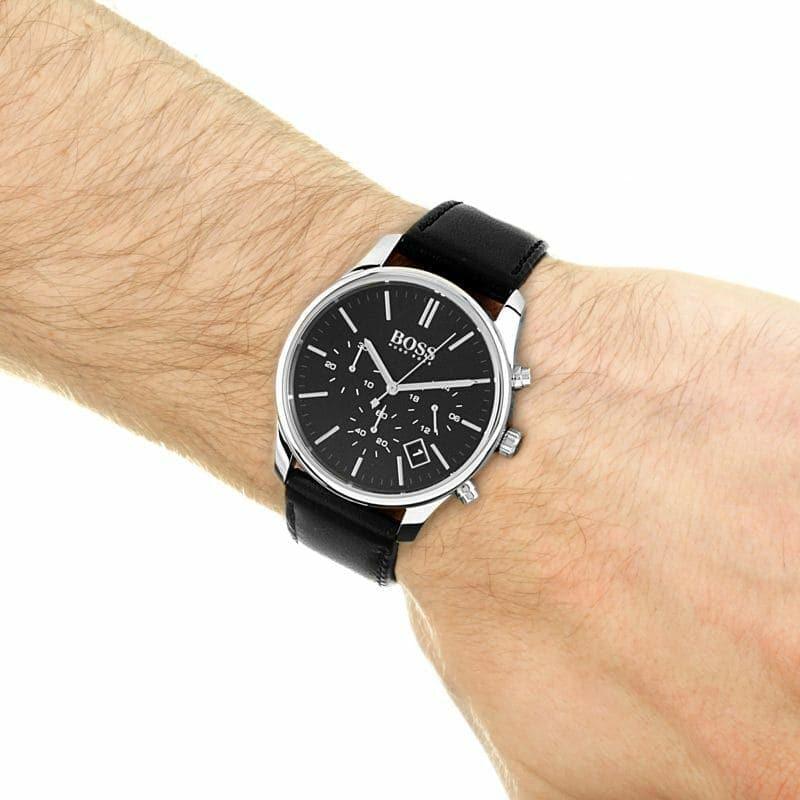 Hugo Boss Time One Chronograph Black Dial Black Leather Strap Watch for Men - 1513430 Buy Now By Hugo Boss