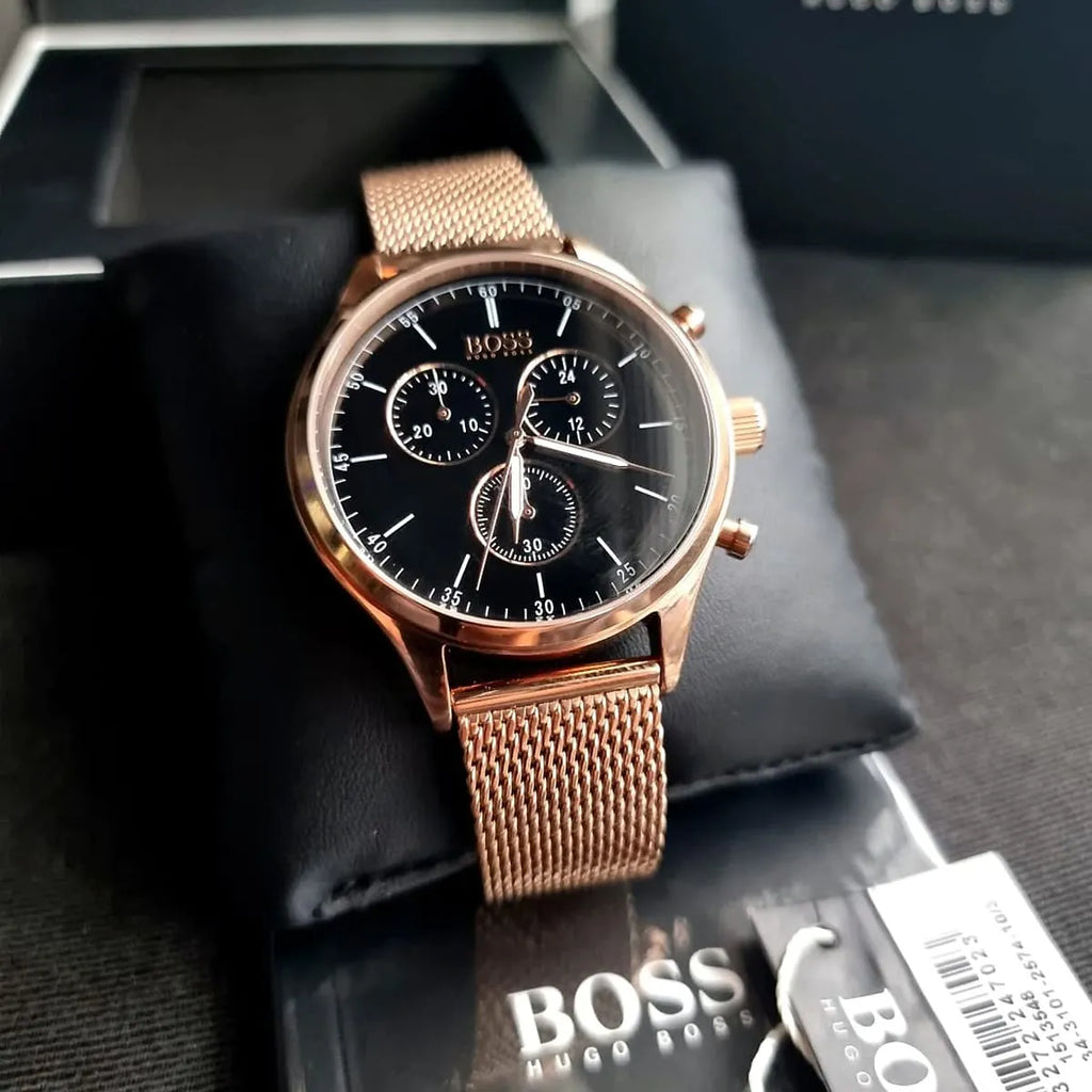 Hugo Boss Companion Chronograph Black Dial Rose Gold Steel Strap Watch For Men - 1513548 Buy Now By Hugo Boss