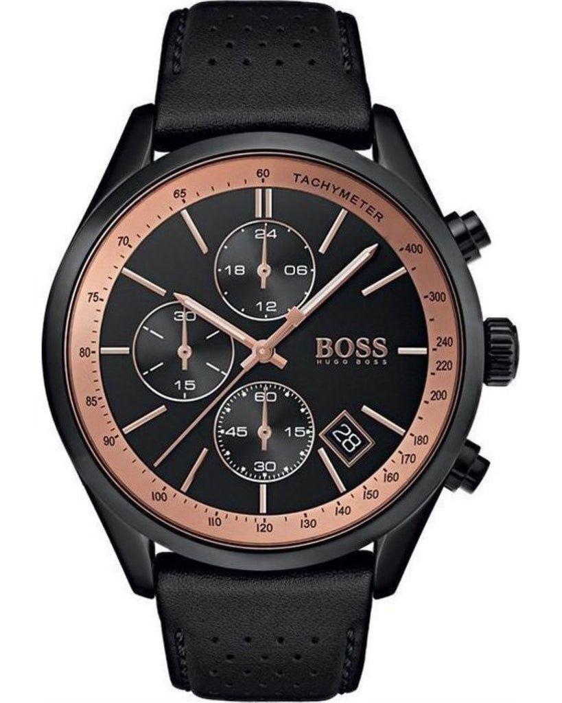 Hugo Boss Grand Prix Chronograph Black Dial Black Leather Strap Watch for Men - 1513550 Buy Now By Hugo Boss