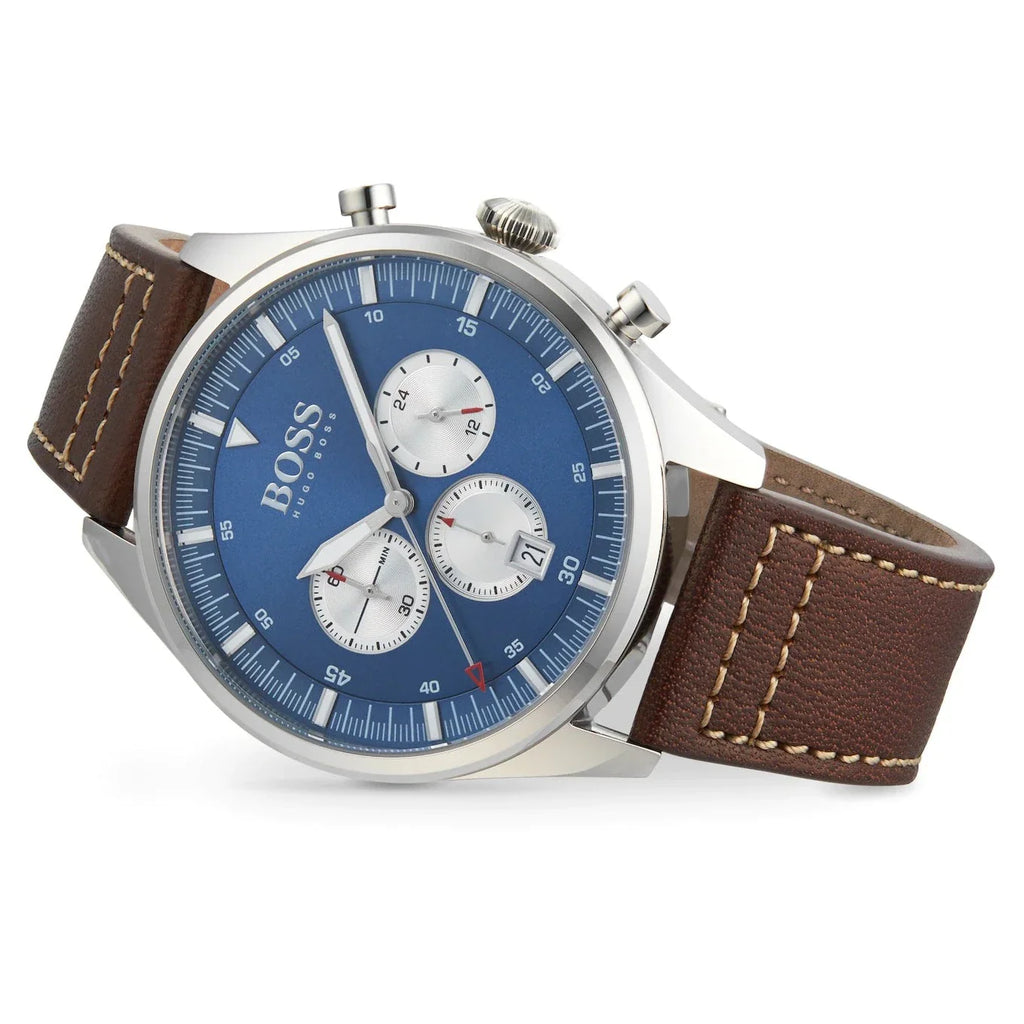 Hugo Boss Pioneer Chronograph Blue Dial Brown Leather Strap Watch For Men - 1513709 Buy Now By Hugo Boss
