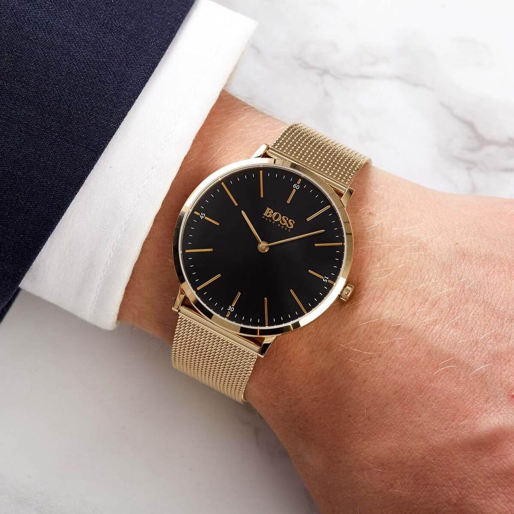 Hugo Boss Horizon Quartz Black Dial Gold Mesh Bracelet Watch For Men - HB1513735 Buy Now By Hugo Boss