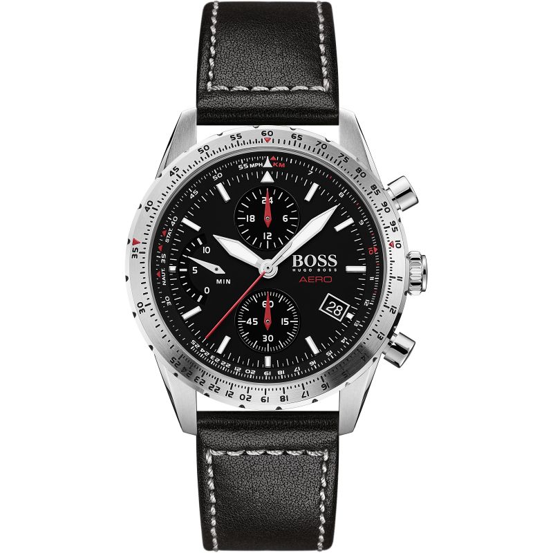 Hugo Boss Aero Chronograph Black Dial Black Leather Strap Watch for Men - 1513770 Buy Now By Hugo Boss