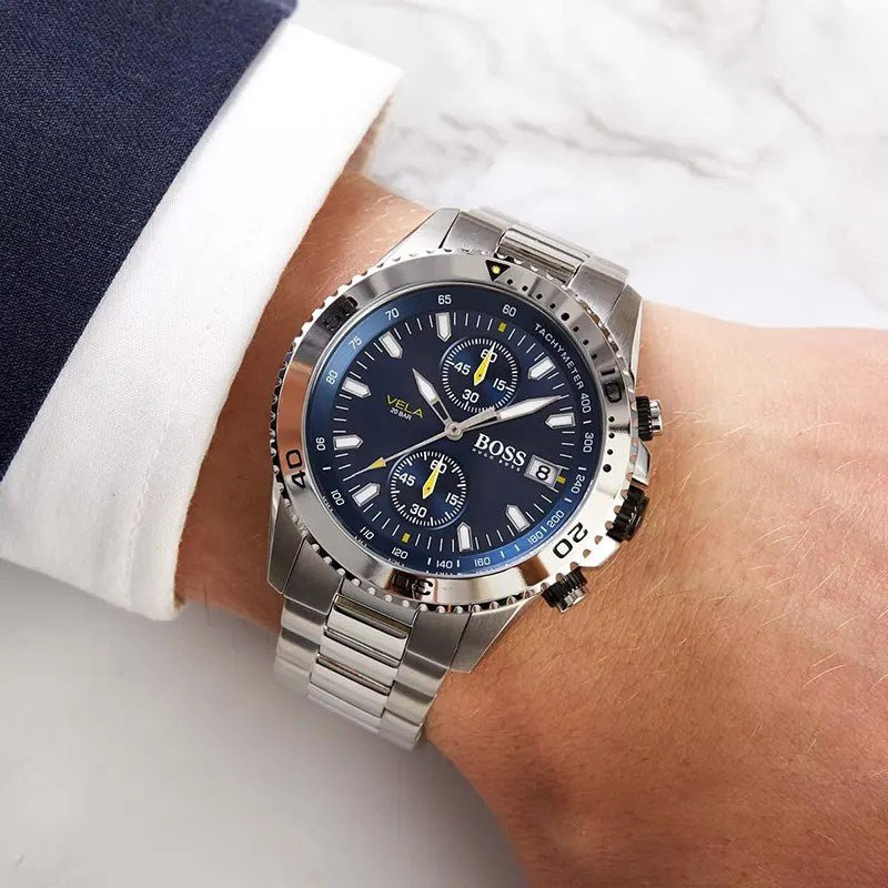 Hugo Boss Vela Chronograph Diver Blue Dial Silver Steel Strap Watch for Men - 1513775 Buy Now By Hugo Boss