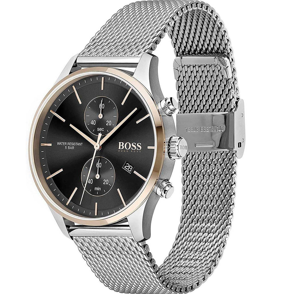 Hugo Boss Associate Black Dial Silver Mesh Bracelet Watch for Men - 1513805 Buy Now By Hugo Boss