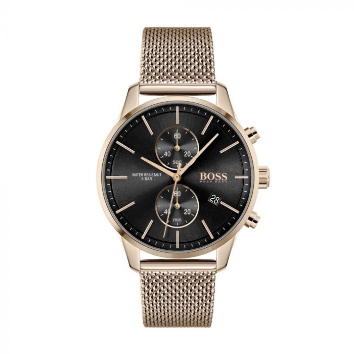 Hugo Boss Associate Black Dial Rose Gold Mesh Bracelet Watch for Men - 1513806 Buy Now By Hugo Boss