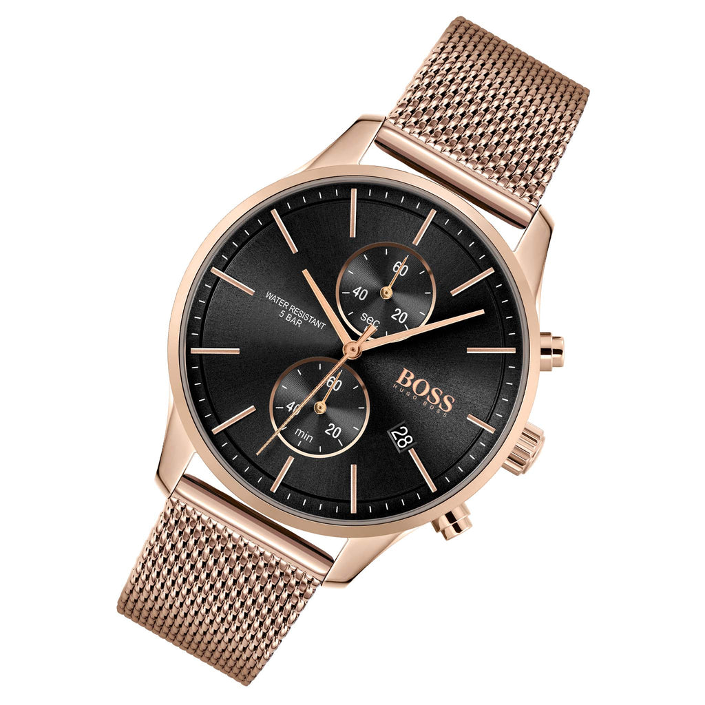 Hugo Boss Associate Black Dial Rose Gold Mesh Bracelet Watch for Men - 1513806 Buy Now By Hugo Boss