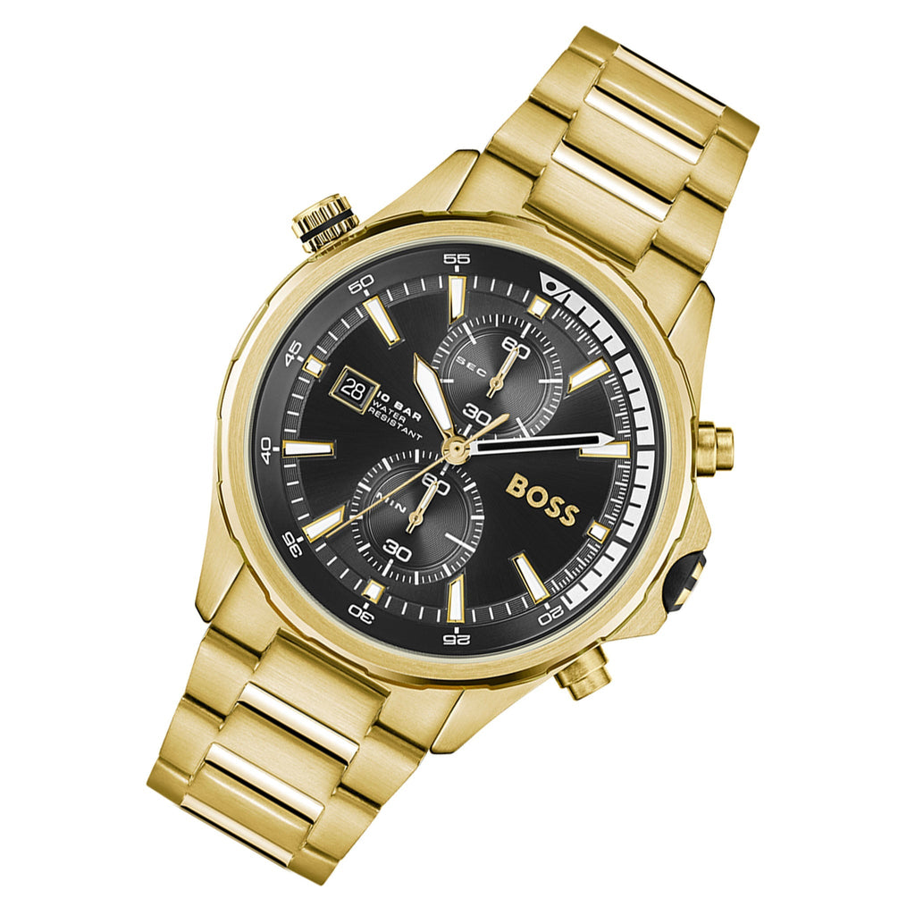 Hugo Boss Globetrotter Chronograph Black Dial Gold Steel Strap Watch for Men - 1513932 Buy Now By Hugo Boss