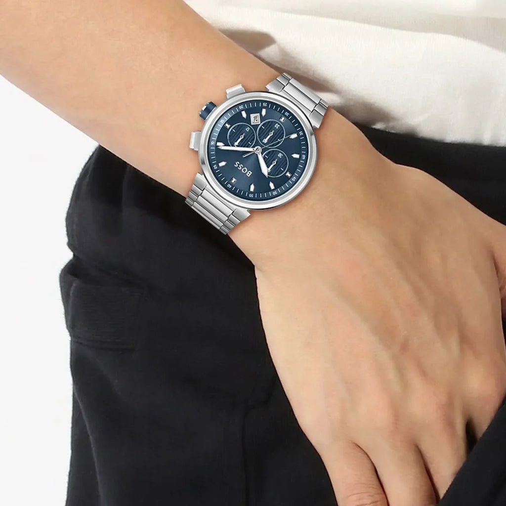Hugo Boss One Chronograph Blue Dial Silver Steel Strap Watch For Men - 1513999 Buy Now By Hugo Boss