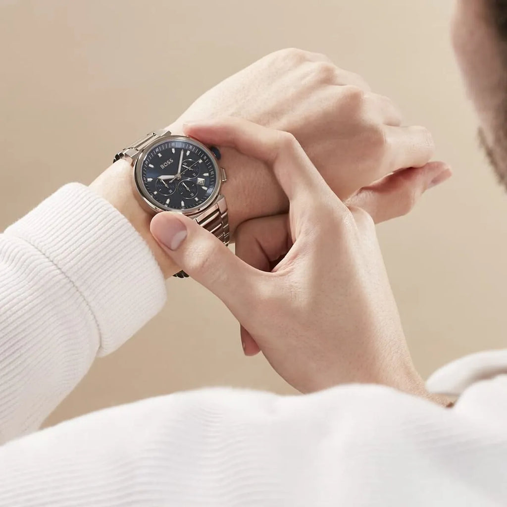 Hugo Boss One Chronograph Blue Dial Silver Steel Strap Watch For Men - 1513999 Buy Now By Hugo Boss
