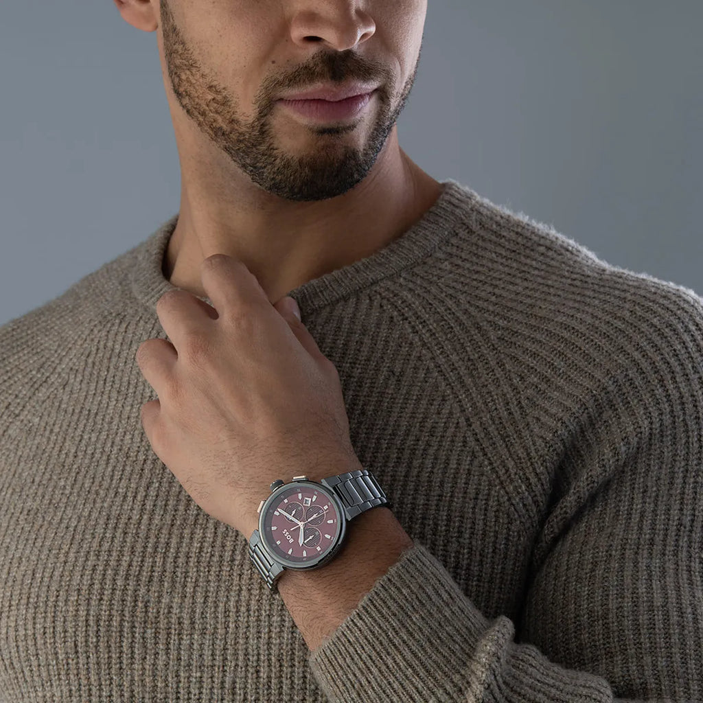 Hugo Boss One Chronograph Red Dial Grey Steel Strap Watch For Men - 1514000 Buy Now By Hugo Boss