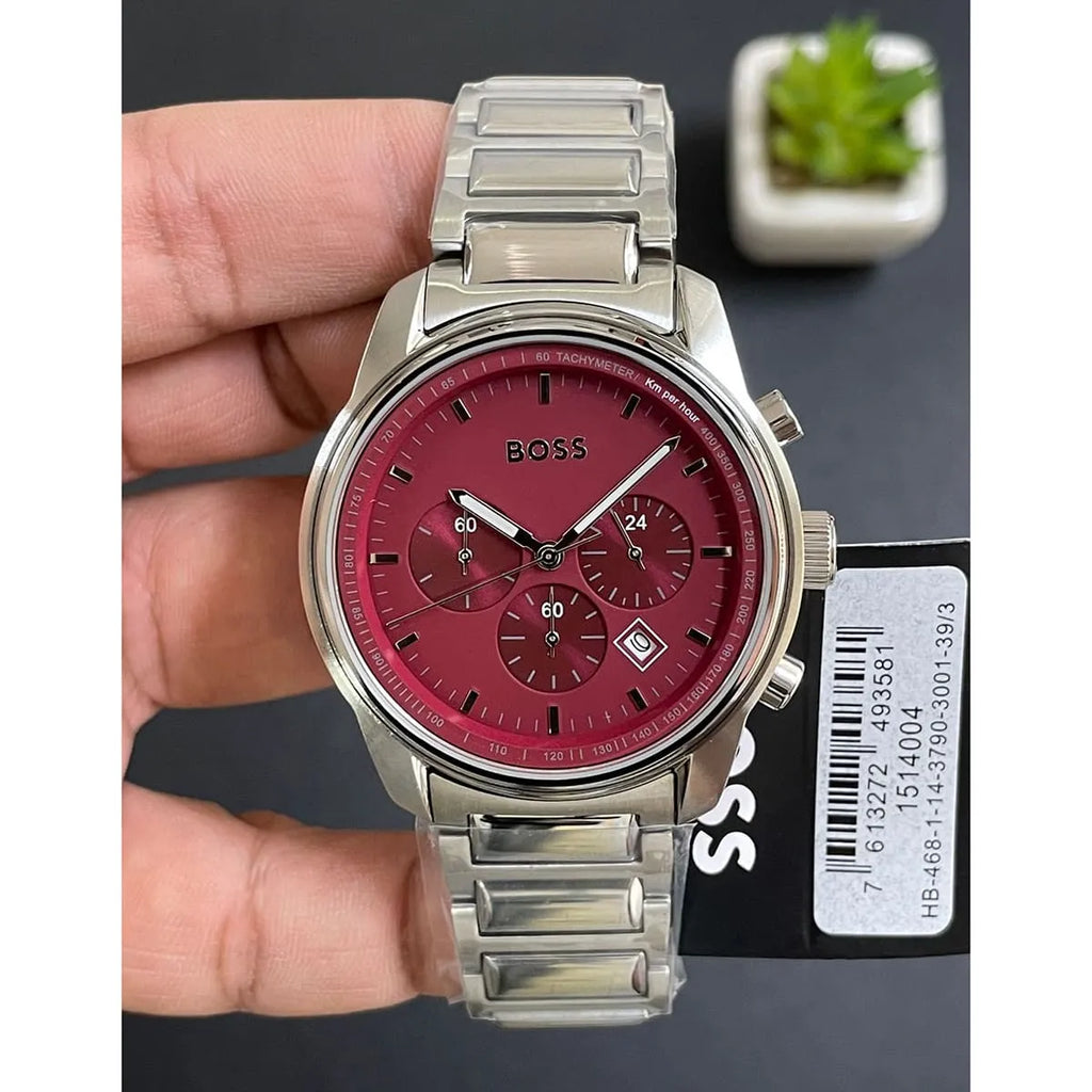 Hugo Boss Trace Chronograph Red Dial Silver Steel Strap Watch For Men - 1514004 Buy Now By Hugo Boss