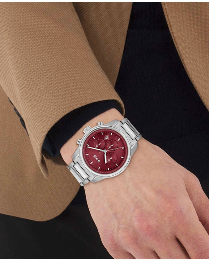 Hugo Boss Trace Chronograph Red Dial Silver Steel Strap Watch For Men - 1514004 Buy Now By Hugo Boss