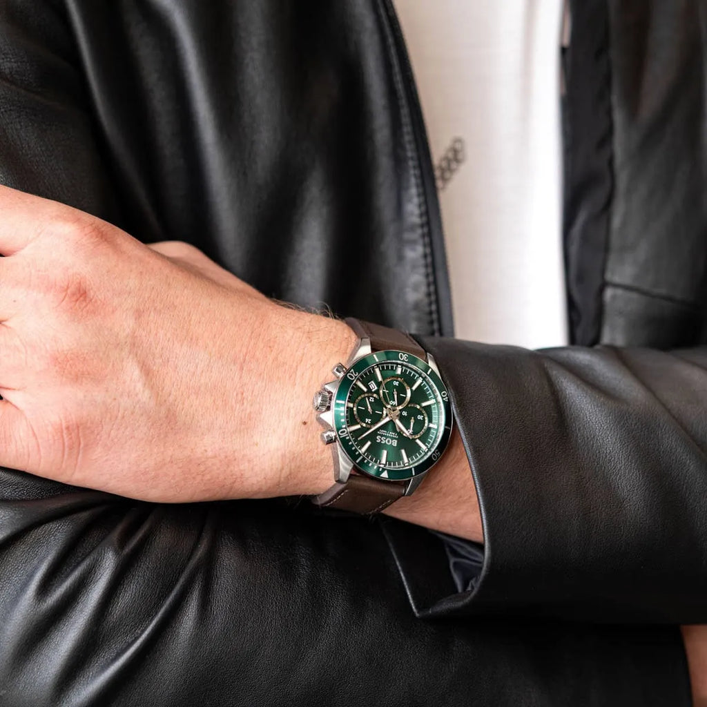 Hugo Boss Troper Chronograph Green Dial Brown Leather Strap Watch For Men - 1514098 Buy Now By Hugo Boss