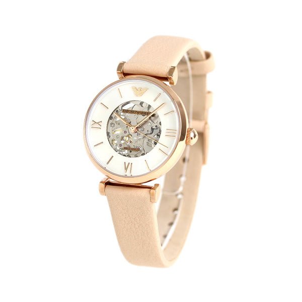 Emporio Armani Meccanico Silver Skeleton Dial Beige Leather Strap Watch For Women - AR60001 Buy Now By Emporio Armani