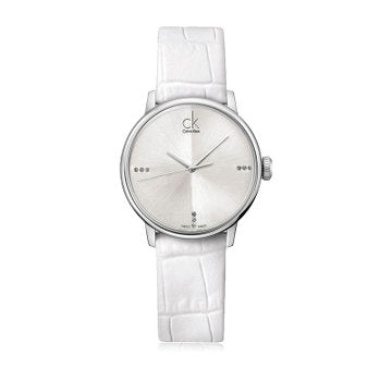 Calvin Klein Accent Silver Dial White Leather Strap Watch for Women - K2Y2Y1KW Buy Now By Calvin Klein