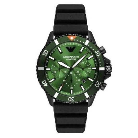 Emporio Armani Diver Chronograph Quartz Green Dial Black Silicon Strap Watch For Men - AR11463 Buy Now By Emporio Armani
