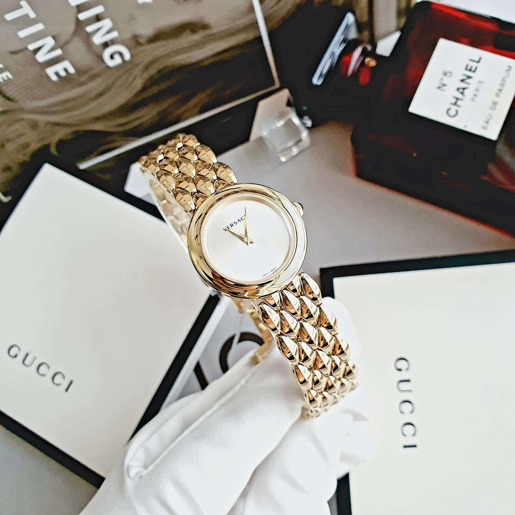 Versace V-Flare Quartz Silver Dial Gold Steel Strap Watch for Women - VEBN00818 Buy Now By Versace