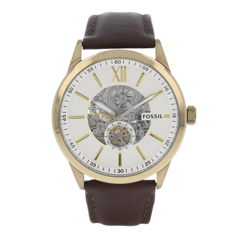Fossil Flynn Mechanical Skeleton Beige Dial Brown Leather Strap Watch for Men - BQ2215 Buy Now By Fossil
