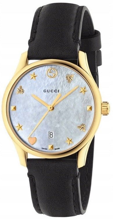 Gucci G-Timeless Mother of Pearl Dial Black Leather Strap Watch For Women - YA1264044 Buy Now By Gucci
