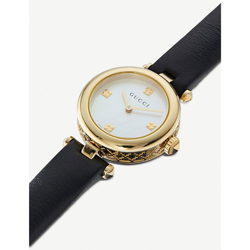 Gucci Diamantissima Mother of Pearl Dial Black Leather Strap Watch For Women - YA141505 Buy Now By Gucci