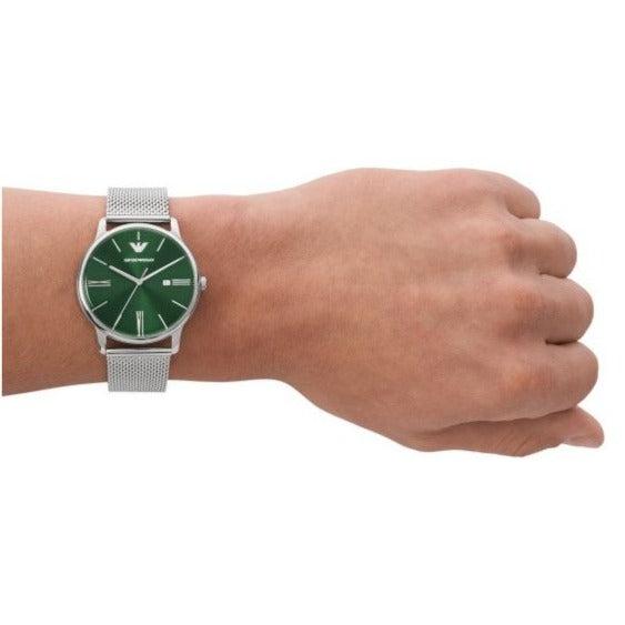 Emporio Armani Minimalist Quartz Green Dial Silver Mesh Bracelet Watch For Men - AR11578 Buy Now By Emporio Armani