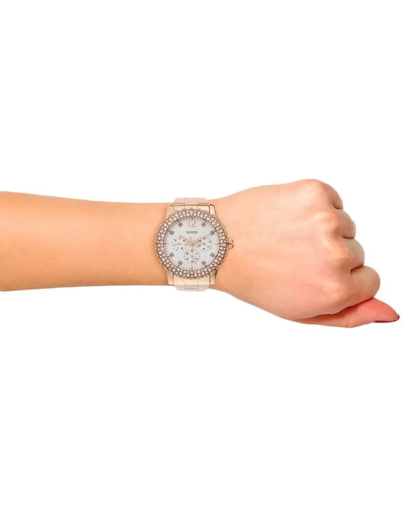 Guess Dazzler Diamonds Silver Dial Rose Gold Steel Strap Watch for Women - W0335L3 Buy Now By Guess