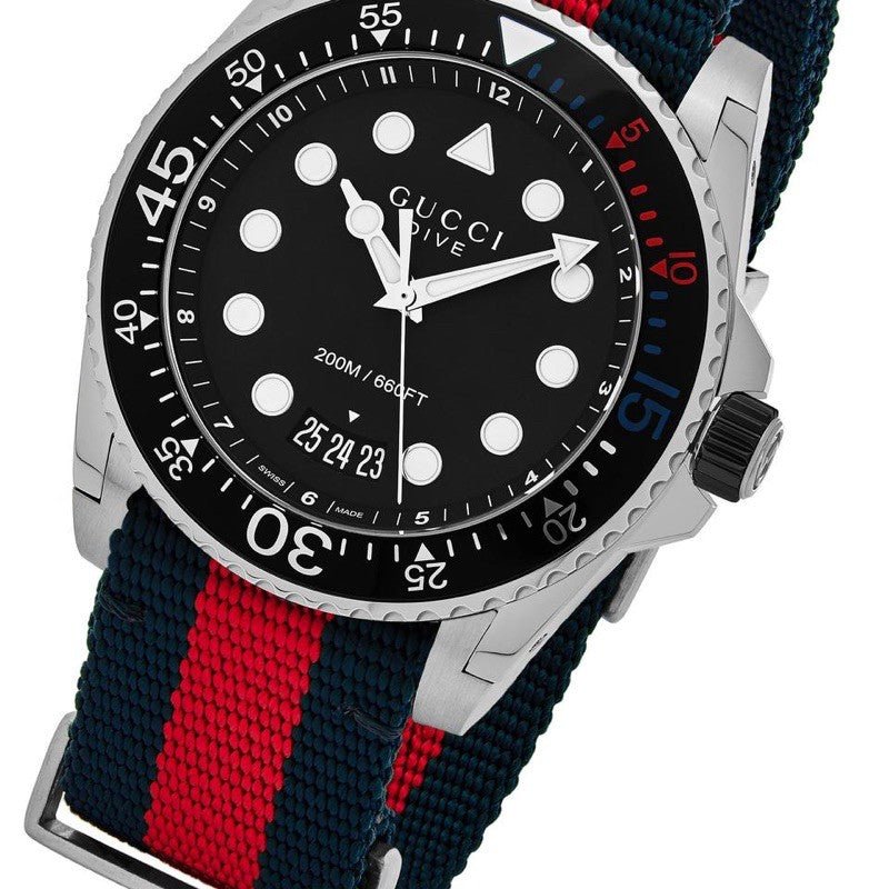 Gucci Dive Black Dial Red & Blue Nylon Strap Watch For Men - YA136210 Buy Now By Gucci