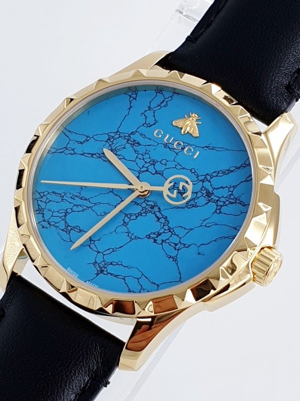 Gucci G Timeless Turquoise Blue Dial Black Leather Strap Watch For Men - YA126462 Buy Now By Gucci