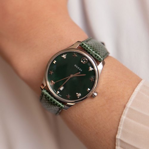 Gucci G-Timeless Mother of Pearl Green Dial Green Leather Strap Watch For Women - YA1264042 Buy Now By Gucci