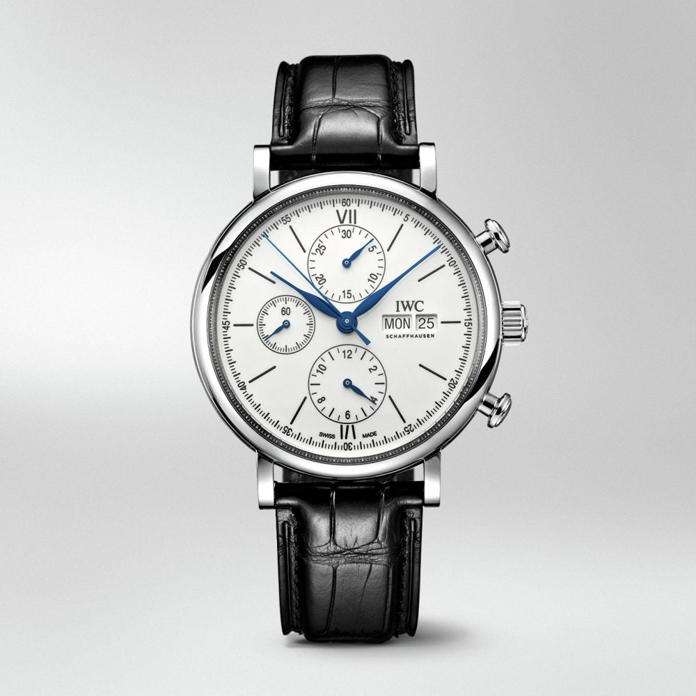 IWC Portofino Chronograph White Dial Black Leather Strap Watch for Men - IW391024 Buy Now By IWC
