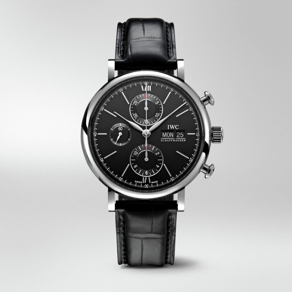 IWC Portofino Chronograph Black Dial Black Leather Strap Watch for Men - IW391008 Buy Now By IWC